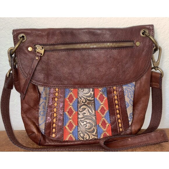 Fossil Leather Crossbody Bag Boho Patchwork Purse Vintage Shoulder Handbag - Picture 1 of 8